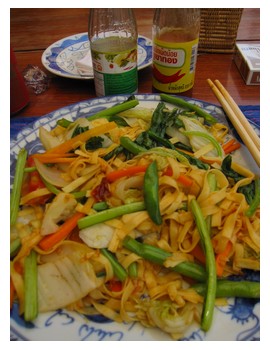 Fried noodles at Soup Dragon restaurant in Siem Reap