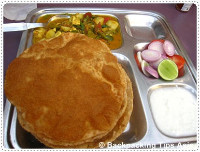 Puri bhaji dish at Bhulwari restaurant at Main ghat in Varanasi, north India